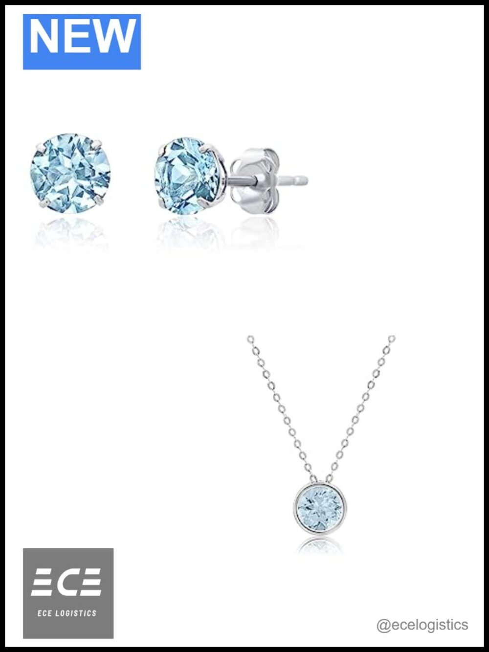 14k White Gold Aquamarine Stud Earrings & Pendant Necklace Set